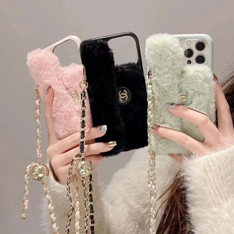 Chanel luxury leather strap card bag fluffy monogram elegant case For iphone 14 Pro Max 13 12 11 cover