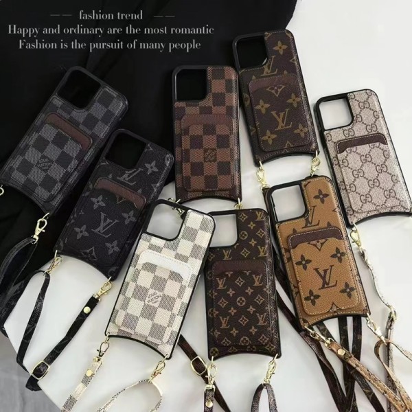 Louis Vuitton Gucci luxury leather strap monogram card elegant cover For iphone 14 Pro Max 13 12 11 cover