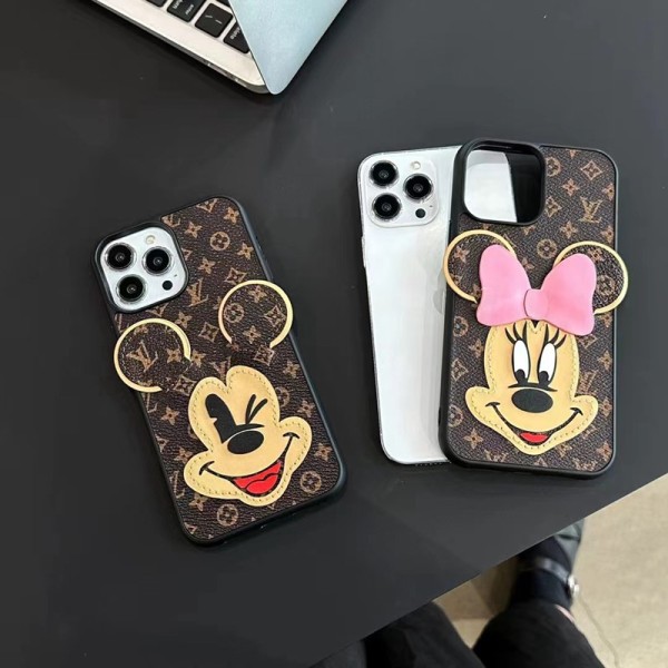 LV luxury iPhone 14 Pro Max 13 12 11 case leather Disney mickey minnie mouse card monogram cover designer shell for Women Girls