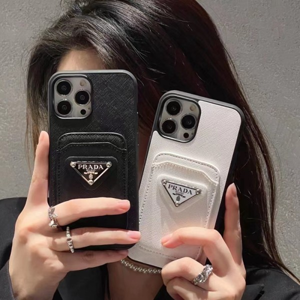 prada Saffiano leather iPhone 13 14 16Pro Max 15plus case Prada iPhone 7 8 Plus xs xr 16e 12 13 16pro max Card Case Pull Cover black white