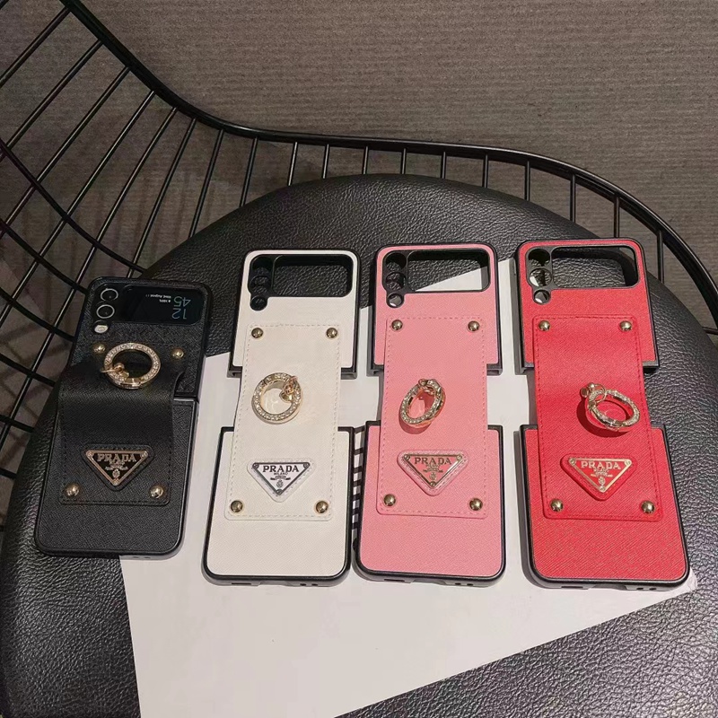 Prada luxury Galaxy Z flip 4 3 2 1 Case ring leather rope hang monogram shookproof protection stylish girly cover for Samsung z flip 4 5G 3 