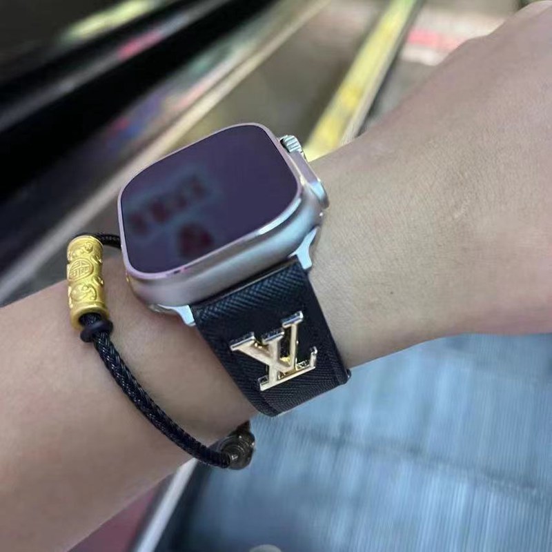 LV luxury apple watch 8/se2/ultra/7 black leather band monogram men women fashion 38/40/42/44/41/45/49mm cute strap