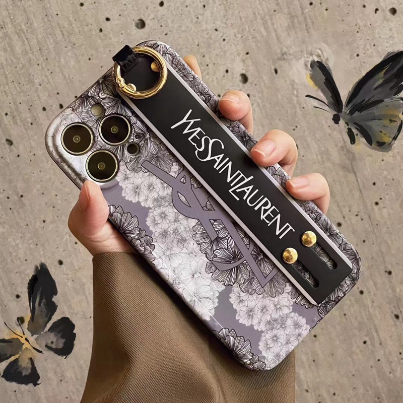 ysl iphone 14 pro max plus case luxury band stand ring strap flower elegant logo cover